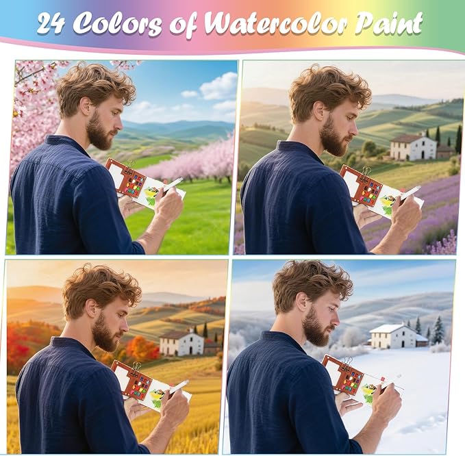 Mini Watercolor Paint Set, Watercolor Kit, Mini Watercolor Travel Set with Wooden 15-Grid Palette, 24 Colors Paint, a Bag, 2 Brushes, Copper Clip & Sketchbook for Travel Painting (White)