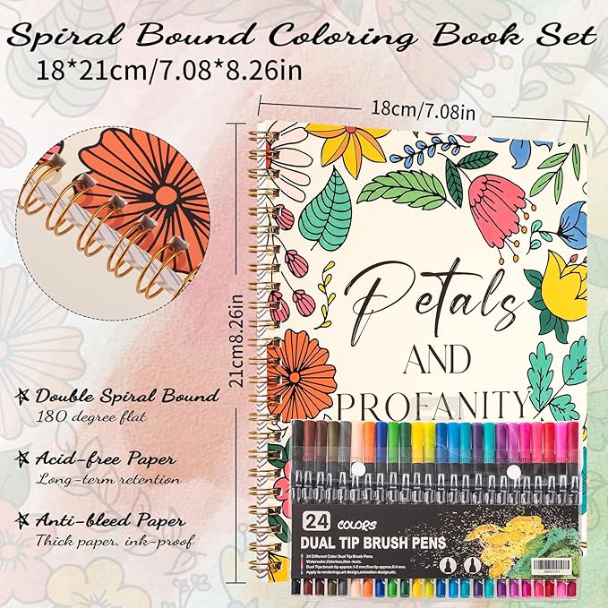 7×8.2in Adult Coloring Book Set for Relaxation, Spiral Bound Coloring Book for Women with 24 Colors Markers, Mindfulness Stress Relief 32 Patterns for Adults, Teens, Easter Gift