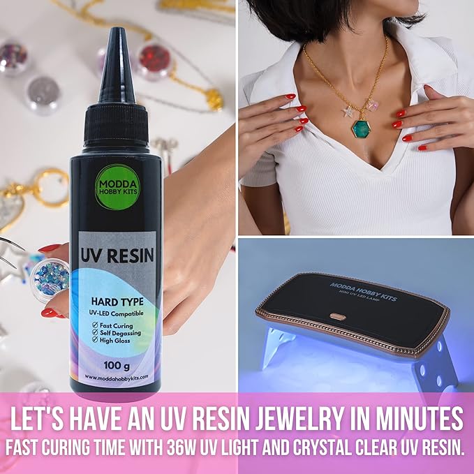 MODDA UV Resin Jewelry Making Kit, UV Lamp & Video Course Included, DIY Resin Kit for Adults, Teen Girls, Beginners with Molds, Glitters & Accessories