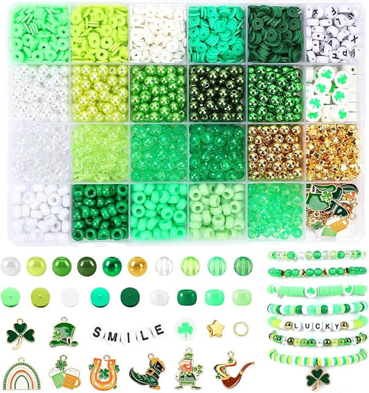 UPINS 2100PCS+ St. Patrick's Day Bracelet Making Kit,Green Shamrock Round Beads Charms for Jewelry Making Bracelet Necklace Making DIY Crafts Gifts