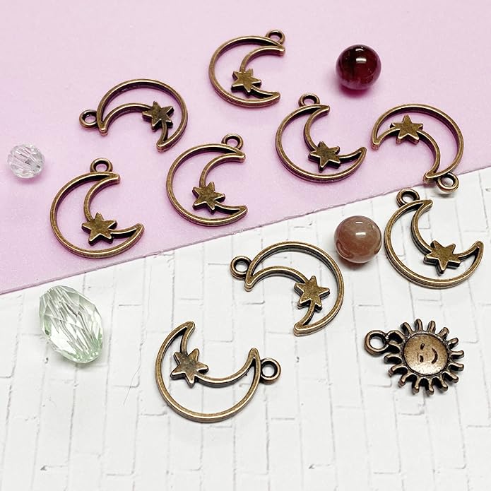 Heather's cf Celestial Beads Moon Charms Pendant Jewelry Making Earrings Necklace Bracelet Kit Findings Jump Rings Lobster Clasp Vintage Finish Plated Non Tarnish Look (Silver Star, 79-150Pcs)