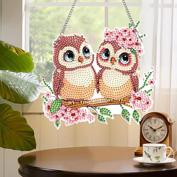 AiYuanzsh Owl Couple Diamond Art Hanging Ornament, 5D DIY Special Shape Diamond Painting Suncatcher Kit for Adults, Handmade Mosaic by Number Pendant Gift for Valentine’s Day