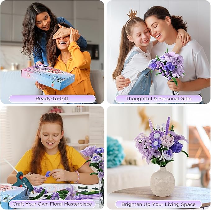 Funtopia Pipe Cleaner Flowers, 540 Pcs Pipe Cleaners Craft Bulk, Pipe Cleaner Flower Kit with Instruction, Chenille Stems for Flower Making, DIY Bouquets and Party Decorations (Purple, 12in x 7mm)