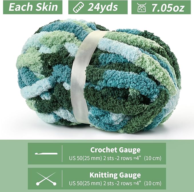 10 Pack Jumbo Chunky Yarn for Hand Knitting, Fluffy Chunky Chenille Yarn for Crocheting, Variegated Chunky Knit Baby Blanket Yarn, 240 yds /70.5 oz Super Bulky Yarn（Mint-Teal-Green）