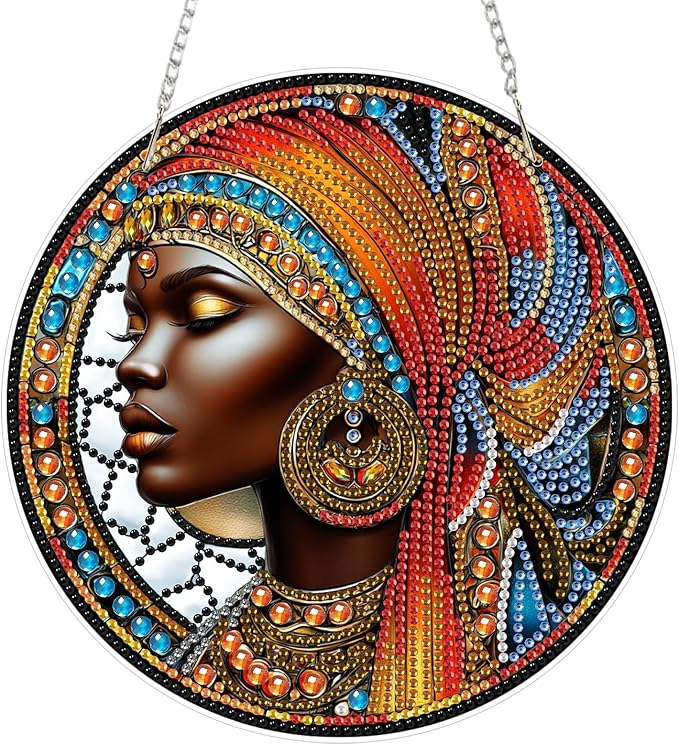 Lxmsja DIY African Queen Diamond Painting Hanging Ornament, Double-Sided Acrylic Stained Glass Diamond Art Kit, Special Shaped Suncatcher Hanging Pendant Window Art Kit