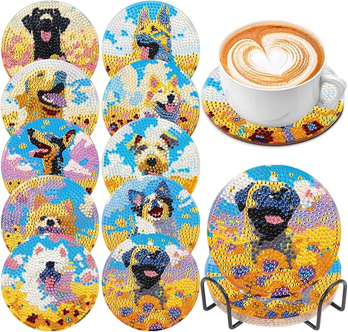 EWJRNSF 10 PCS Diamond Art Coasters Kit, Small Diamond Painting Coasters, Fall Diamond Art Kits for Adults Beginners, Arts and Crafts Supplies Item Sets with Holder Dog