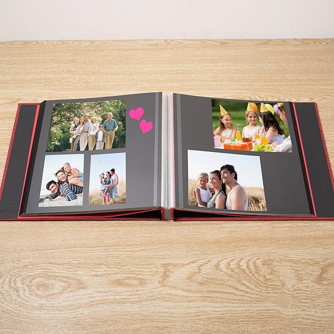 Large Photo Album Self Adhesive for 4x6 8x10 Magnetic Scrapbook Album DIY 60 Black Sticky Pages Linen Cover Photo Album(Red)