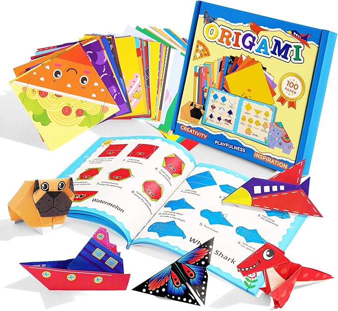 Origami Paper origami for Kids 5-8, foldology for kids100 Sheets Folding Paper (45Patterns×2+10Blank) with clear Guiding Book, Animals Dinosaur Art Activity DIY Craft Set Gifts