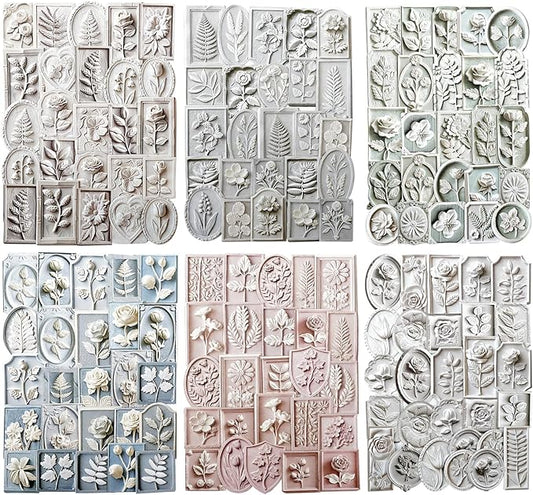 Flower Relief Embossed Stickers – 180pcs Pastel Botanical Plaques, Borderless Peel & Stick, Thick Textured Paper for Scrapbook Journal Planner Collage & Card Making DIY Décor