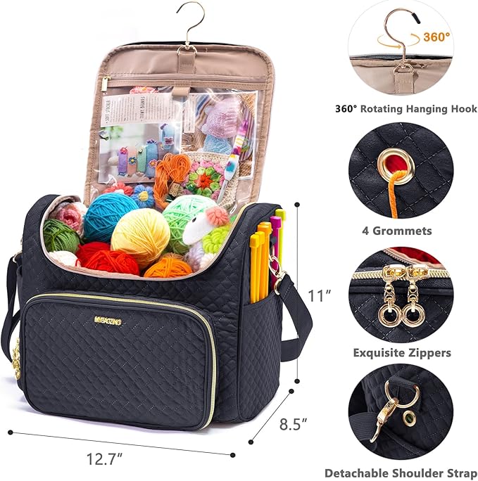 Crochet Bag Organizer - Quilted Storage Bag with Hanging Hook, Knitting & Yarn Tote for Crochet Accessories, Mother's Day Gift