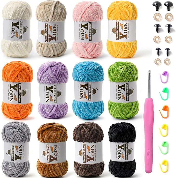 12 Pack Multicolor Crochet Yarn, Fluffy Chunky Chenille Yarn for Crocheting, Fuzzy Velvet Yarn for Crochet Kit, Baby Yarns for Crocheting Soft Amigurumi Yarns Set D (100g/87yds Each)