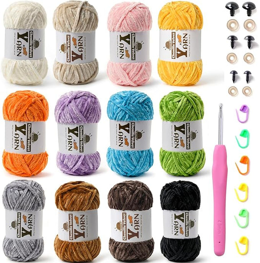 12 Pack Multicolor Crochet Yarn, Fluffy Chunky Chenille Yarn for Crocheting, Fuzzy Velvet Yarn for Crochet Kit, Baby Yarns for Crocheting Soft Amigurumi Yarns Set D (100g/87yds Each)