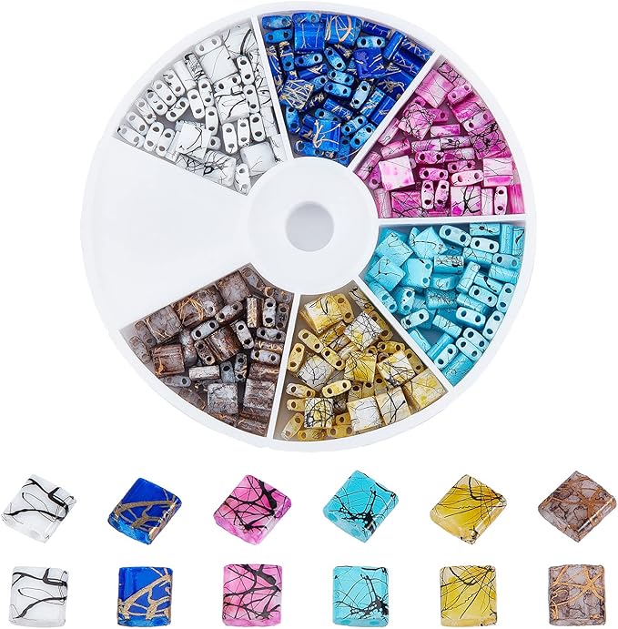 NBEADS 240 Pcs 6 Color 5mm Square 2-Hole Glass Beads for Jewelry Making