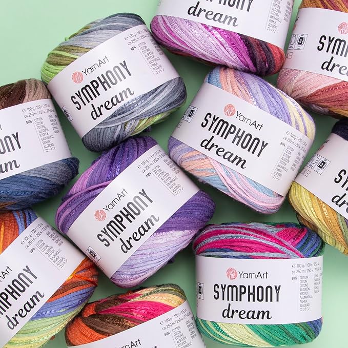 YarnArt Symphony Dream Cotton Yarn -%80 Cotton%20 Viscose Rainbow Multicolor Crochet Knitting Yarn - Suitable for All Blouses, Dresses, Shawls, Bags, Hats - 273 Yards, 3.52 Oz (1 Skein) (3103)