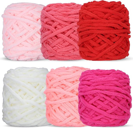 WSICSE Chenille Fluffy Yarn, Thick Chunky Blanket Yarn for Crocheting Plush Soft Yarn for Knitting Blanket DIY Valentines Day Gifts, 6×100g Each 3.5 oz 55 Yards(White/Pink)