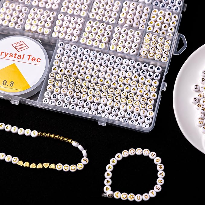 nikkiGuo 1250 PCS Letter Beads Kit with Elastic Cord – Alphabet A–Z, Numbers, Heart, Moon, Star, Smiley Beads for Friendship Bracelets & DIY Jewelry (White Beats & Black/Golden Letters)