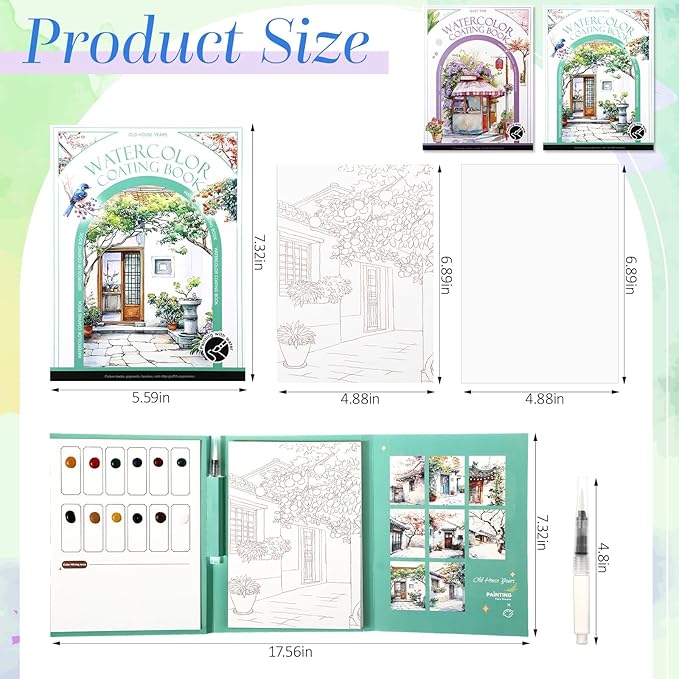 Dunzoom 32 Sheets Watercolor Coloring Book 2 Pack Water Color Workbook Paper Paint Set with 12 Colors Paint Cakes and Brushes for Adults Beginners Art Painting Supplies(Quiet Time&House)
