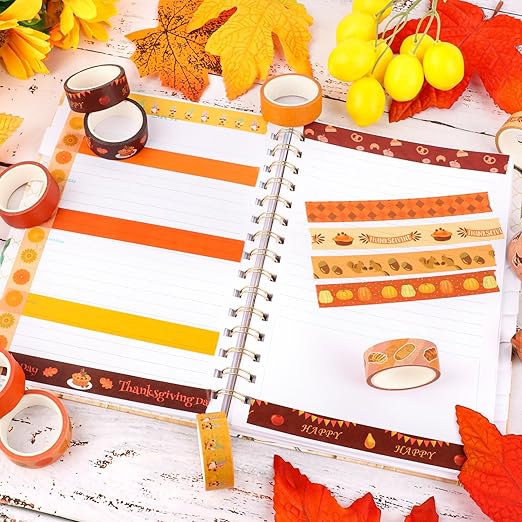 Fall Washi Tape Set 20 Rolls Autumn Washi Tape Autumn Thanksgiving Pumpkin Fall Leaves Decorative Tape for Seasonal Kids DIY Art Crafts Notebook Scrapbooking & Stamping Supplies