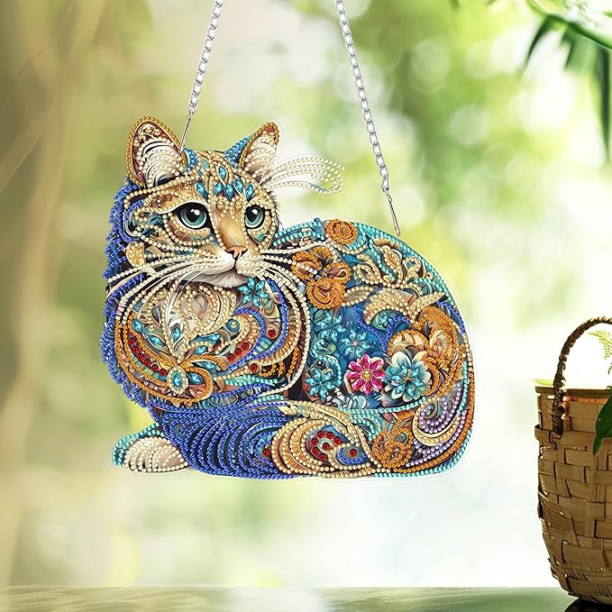 Nivvey DIY Hanging Diamond Art Pendant Painting Kit Cat, Acrylic Diamond Art Board Ornament for Adults,9.4x9.6inch