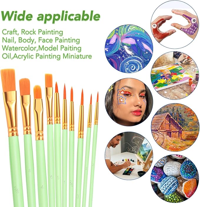 ESRICH Paint Brushes Set, 8 Packs 80 Pcs Acrylic Paint Brush Set, Acrylic Oil Watercolor, Face Nail Art, Miniature Detailing, Rock Painting, Painting Artist Professional Kits(Green) ﻿