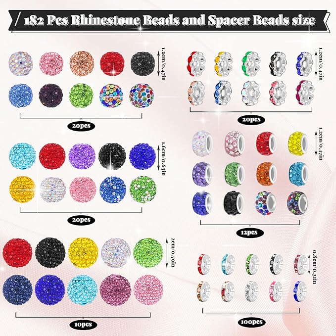 182 Pcs Beads for Pens, Beadable Pen Beads, 12/16/20mm Rhinestone Bead with Spacer Bead for Bracelet Necklace Earring Jewelry Pen Making