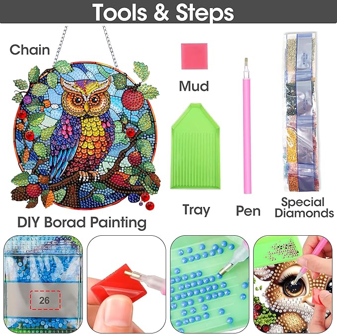 SKRYUIE Owl Hanging Diamond Art Kits for Adults Pendant Suncatcher, Special Shaped Crystal DIY Pearl Diamond Painting Kit, Gift for Mother Spring Summer Window Wreath Decor 7.72 x 7.64 Inch A10