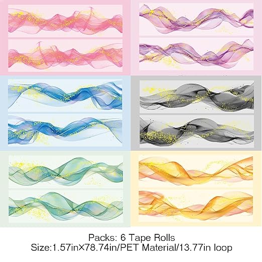 Kesari Tape Stickers for Scrapbooking Supplies,6 Rolls Watercolor PET Washi Tape Scrapbook Stickers for Journaling, DIY Crafts (Gold)