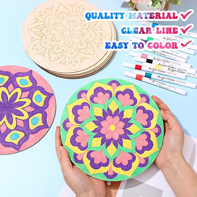 22 Pcs Wooden Mandala Painting Set 10 Mandala Unfinished Wood Cutouts with 12 Markers for Crafts Diwali Craft Wood Slices for Adults Painting DIY Tags Wedding Home Decors(Stylish Style)