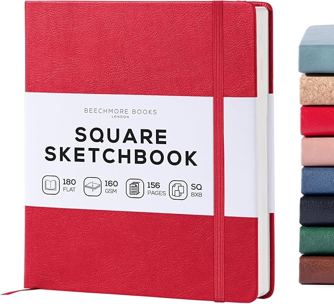 Beechmore Books Square Mixed Media Sketchbook - 8x8 Inch Professional Art Journal, 160 GSM / 98 lb Ivory Paper, Perforated Pages, Vegan Leather Hardcover, Lay-Flat Design for Drawing & Doodling