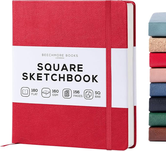 Beechmore Books Square Mixed Media Sketchbook - 8x8 Inch Professional Art Journal, 160 GSM / 98 lb Ivory Paper, Perforated Pages, Vegan Leather Hardcover, Lay-Flat Design for Drawing & Doodling