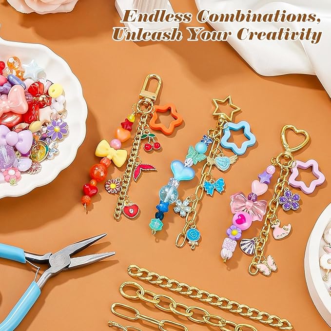 Ecoofor 364 Pcs Keychain Making Kit for Kids & Adults – Includes 20 Keychain Clips, 25 Extender Chains, 136 Charms, Beading Accessories, Jewelry Pliers – DIY Bag Charms & Jewelry Craft Kit Supplies