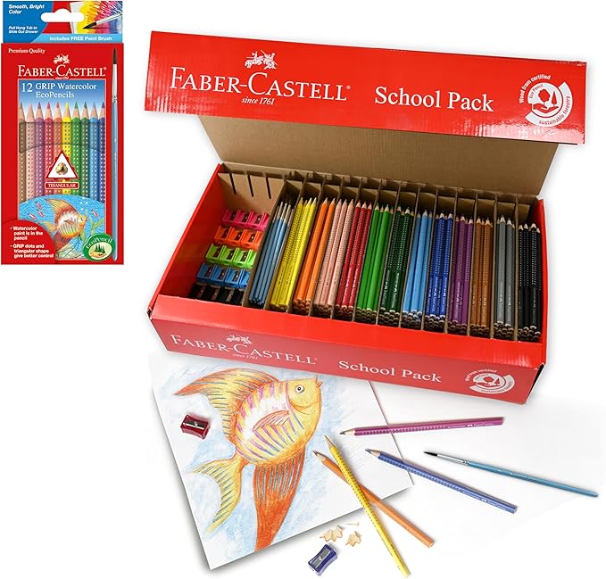 Faber-Castell - 288 Count- Grip Watercolor EcoPencils School Pack - Art Supplies For Kids- (24 Sets of 12 Colors + Free Sharpeners and Paint Brushes)