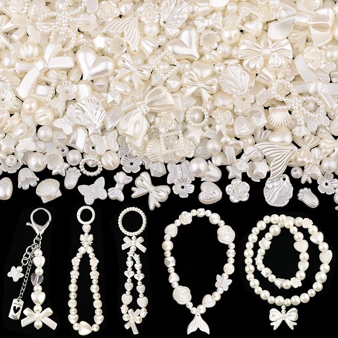 270-320pcs tinkrstuff assorted acrylic beads, mix abs imitation pearl cute beads for bracelet making, bow aesthetic flower butterfly kawaii charms for jewelry making diy necklace keychain phone charm