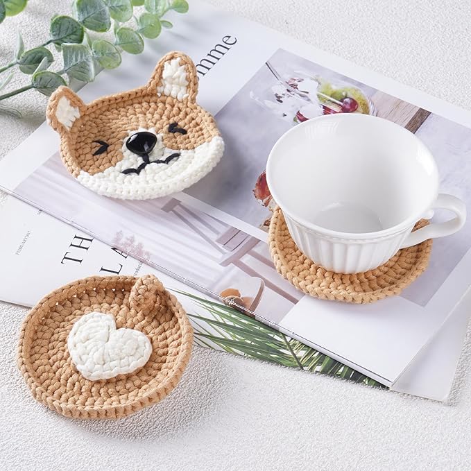CrochetBox Crochet Kit for Beginners Adults - Corgi Coasters Starters Crochet Kit, Beginners Crocheting Kitting for Adults Teen, Craft Gifts with Crochets Yarns, Hook, Step-by-Step Video, Instruction