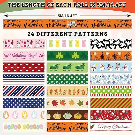 Whaline 24 Rolls Holiday Washi Tapes Easter Bunny Egg Rabbit Making Tape 15mm St Patrick's Day Assorted Festival Seasonal Washi Tapes for Scrapbook Journal Art Craft, 16.4Ft