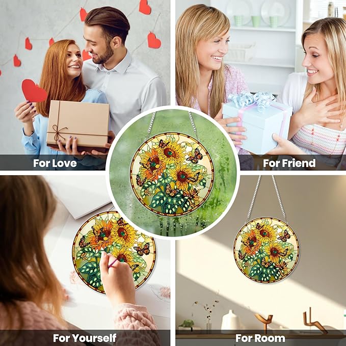 EOBROMD Diamond Hanging Art Kits for Adults, Sunflower Suncatcher Diamond Art Painting, DIY Special Shaped Rhinestone Kits for Adults, Window Pendants Home Garden Wall Hanging Ornament