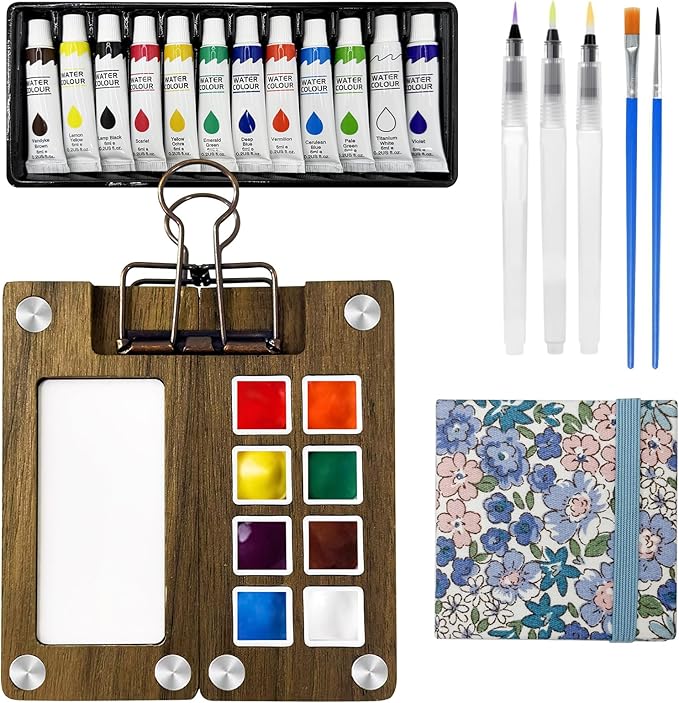 Mini Watercolor Paint Set, Travel Paint kit, Pocket Watercolor Set with Paint, Brush, Sketchbook & Copper Clip for Beginners, Artists & Painting Lovers