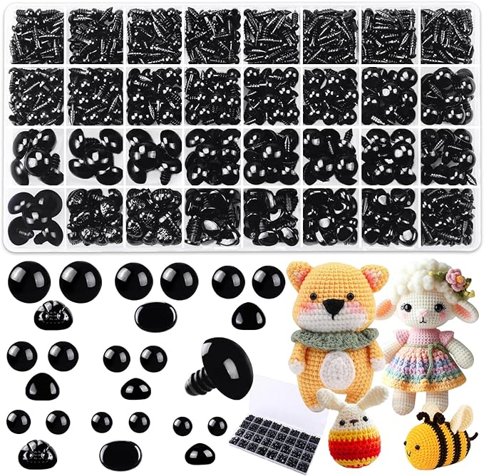 YUJUN 1100PCS Safety Eyes Noses for Crochet 5-16mm Black Plastic Safety Eyes with Washers Craft Doll Eyes Stuffed Animals Amigurumi Craft Doll DIY Accessories Making Teddy Bear