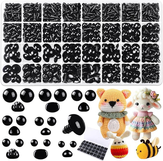 YUJUN 1100PCS Safety Eyes Noses for Crochet 5-16mm Black Plastic Safety Eyes with Washers Craft Doll Eyes Stuffed Animals Amigurumi Craft Doll DIY Accessories Making Teddy Bear