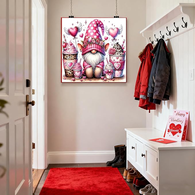 KYOQFVN Valentine's Day Gnome Paint by Numbers Kit for Adults - DIY Pink Heart Painting by Number on Canvas，Acrylic Paints Lovers Decor Paint by Number Kits 16×16 Inch（Without Frame）