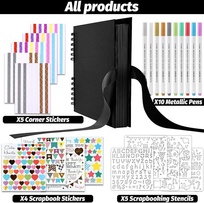 GOTIDEAL 80 Pages Scrapbook Album with 10 Metallic Markers,Craft Paper Photo Album for Wedding and Anniversary, Family DIY Scrapbook Accessories with Scrapbooking Stickers Corners(Black)…
