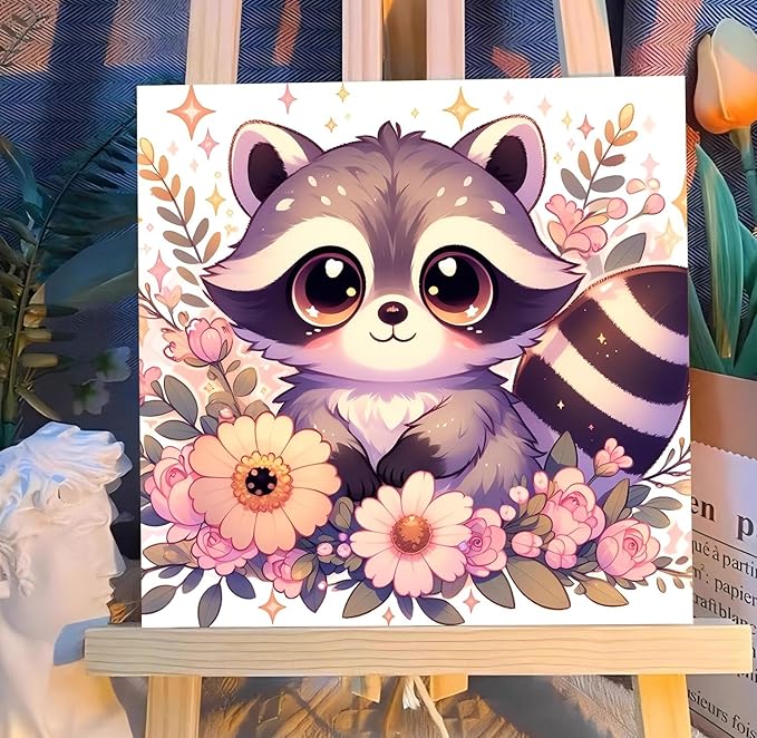 Reivworl Paint by Numbers Kit for Kids with Frame and Easel, Raccoon Paint by Number for Kids Age 6-8-12, Acrylic Paint by Numbers for Gifts and Home Decor (8X8 inch)