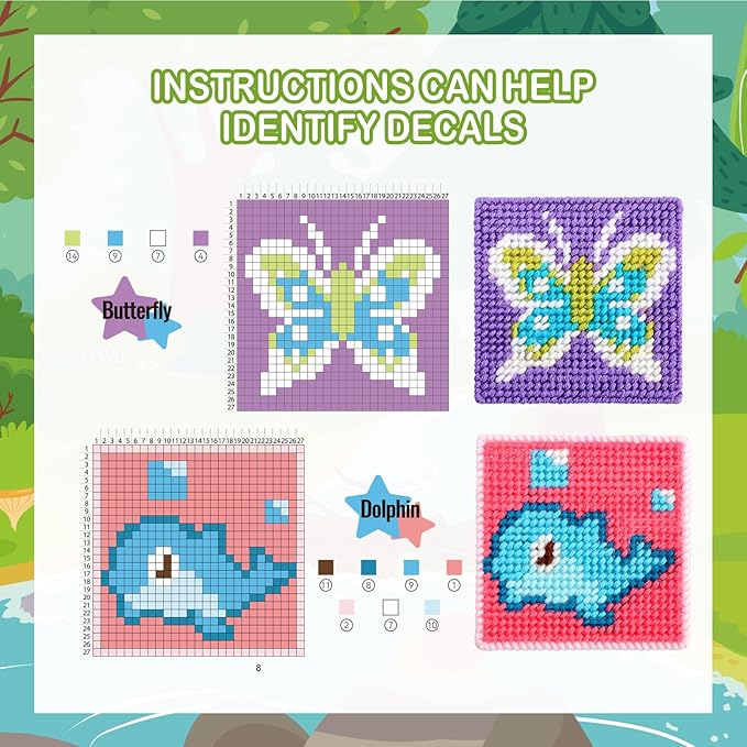 Pllieay 10-in-1 Cross Stitch Beginner Kit for Kids, Kids Embroidery Kit for Beginners Includes 10pcs Plastic Mesh Canvas with Different Pattern, 17 Colored Threads, Instructions for Christmas