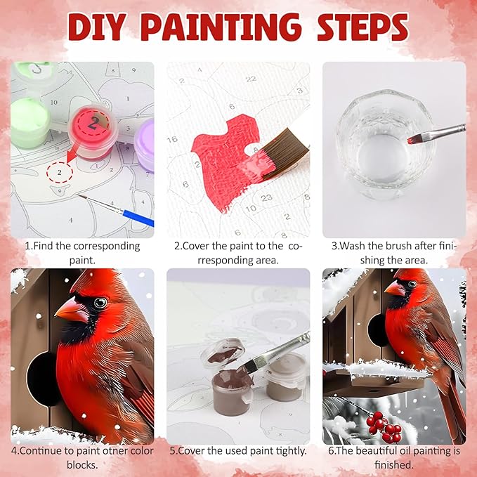 DOMROM 4 Pack Framed Paint by Numbers Cardinal for Kids Beginners, Adult Paint by Number Kits Bird on Canvas, Acrylic Number Painting Christmas Craft Kits for Gift Home Decor 8x8in