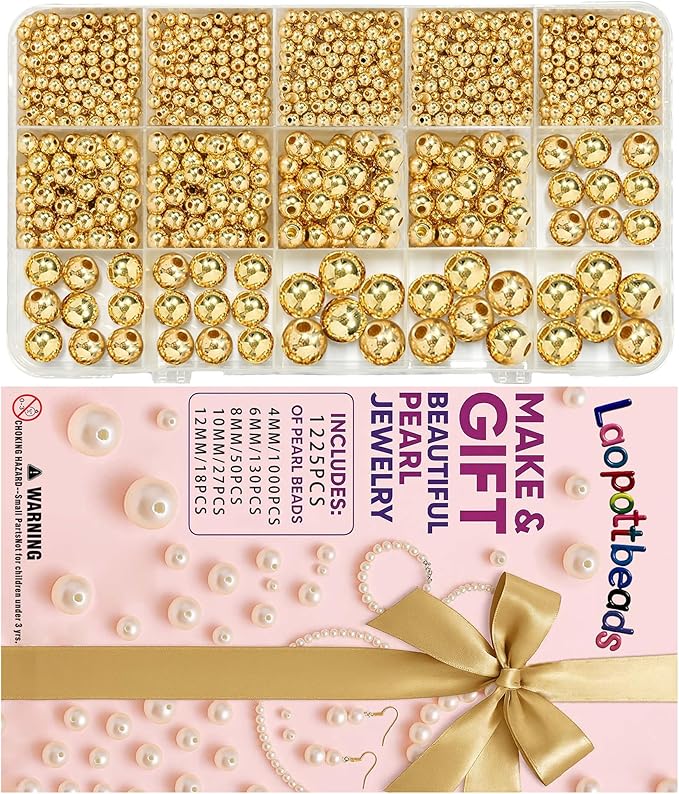 Laopottbeads 1225 Pcs Gold Beads with Oxidation-Resistant Finish, 4/6/8/10/12mm Round Beads DIY Kit for Bracelets, Earrings, Necklaces & Anklets