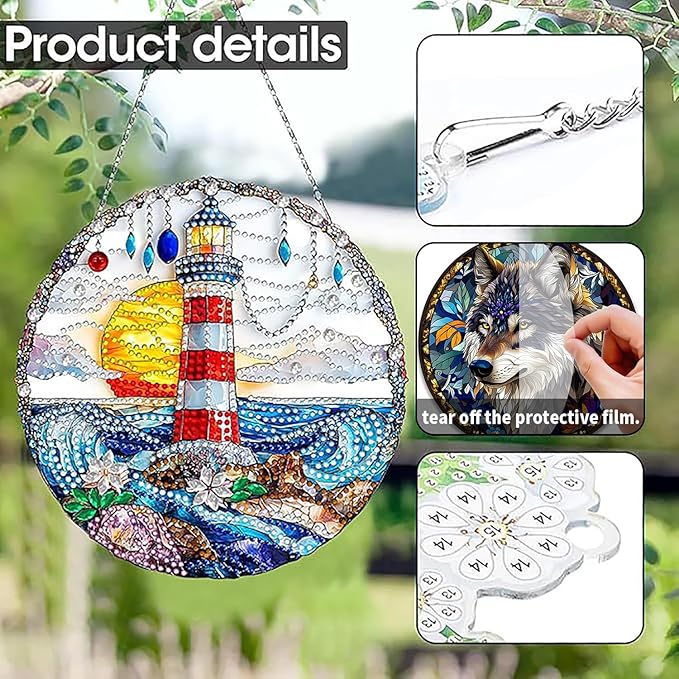 SKRYUIE Lighthouse Hanging Diamond Art Kits for Adults Pendant Suncatcher, Special Shaped Crystal DIY Pearl Diamond Painting Kit, Gift for Mother Spring Summer Window Wreath Decor 3.35 x 3.15 Inch A18