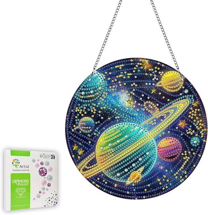 Ginfonr Diamond Painting Kits Hanging Pendant, Planet Sun Catcher for Front Door Sign, Rhinestone Landscapes Summer Porch Decor for Outdoor, Double Sided Hanging Kits for Garden Window (8 x 8inch)