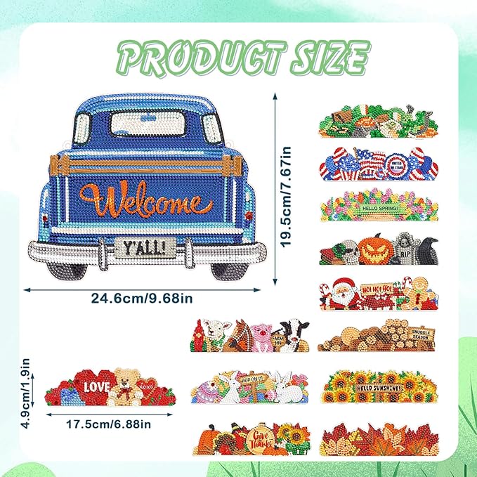 APCGSM 13PCS Interchangeable Diamond Painting Welcome Sign for Front Door Holiday Decor Blue Truck Hanging Sign Interchangeable Seasonal Decor for Wall Home Farmhouse DIY Diamond Art Kits for Adults