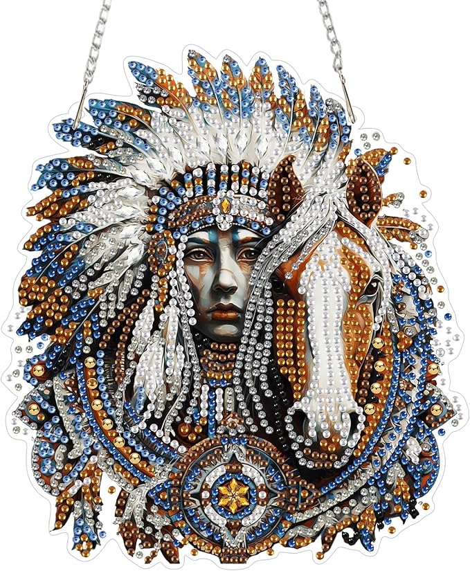 Lxmsja DIY Indian Chief Diamond Painting Hanging Ornament, Double-Sided Acrylic Horse Diamond Art Kit, Special Shaped Suncatcher Hanging Pendant Window Art Kit 8x7 inch