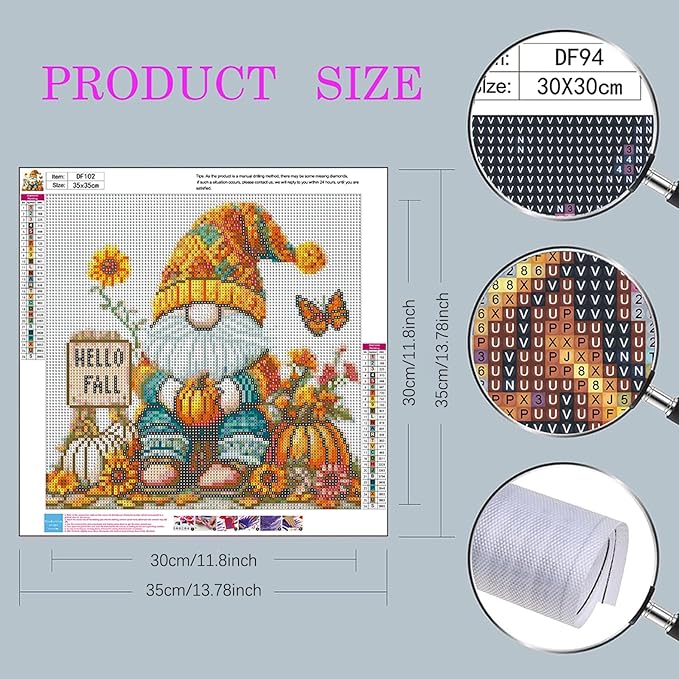 DIYDECORFUN Gnome Diamond Art Kits for Adults, Hello Fall Diamond Painting Kit for Beginners,DIY 5D Full Round Drills Autumn Pumpkin Diamond Dot Gem Art Crafts for Home Wall Decor 14x14IN